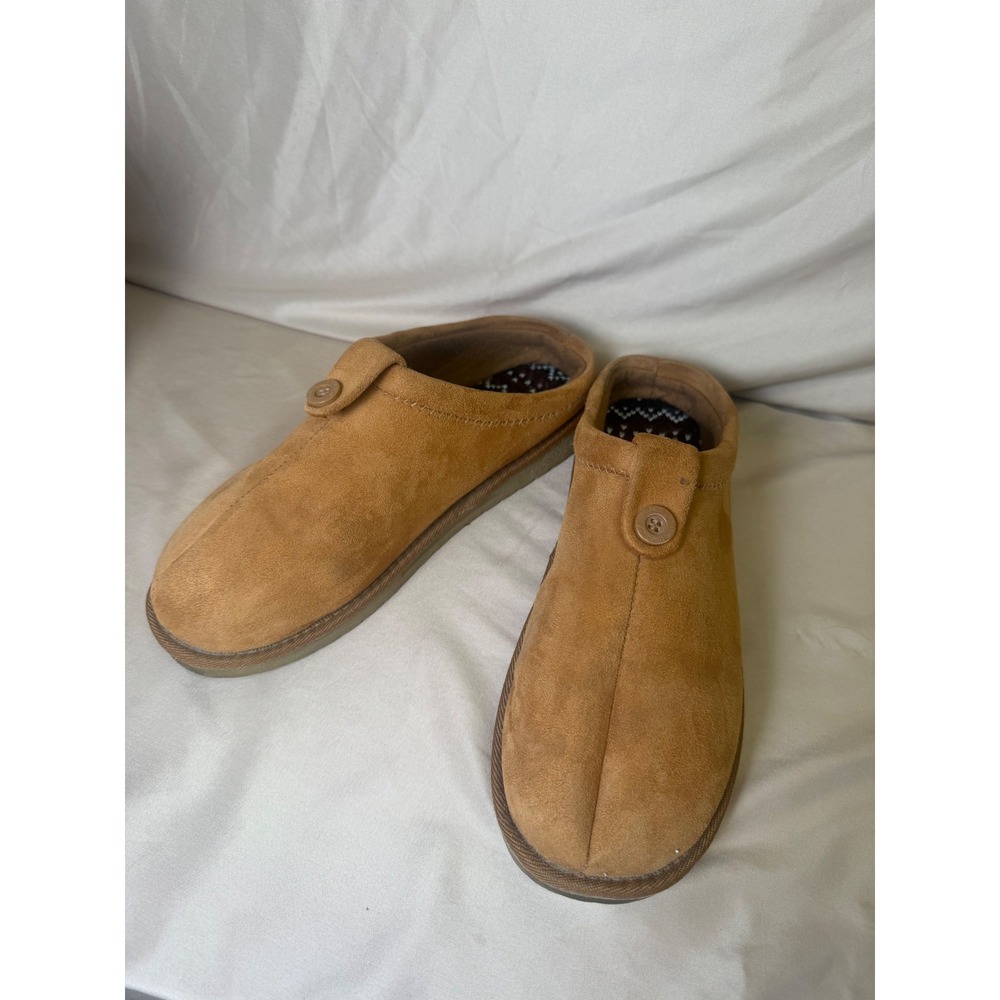 Muk Luks Essentials Tan Faux Suede Button Mule Slippers Fair Isle Lining Size 11